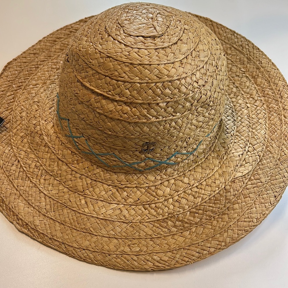 John Callanan Tan Raffia Sunhat w/ Turquoise Contrast Stitching, NWT!